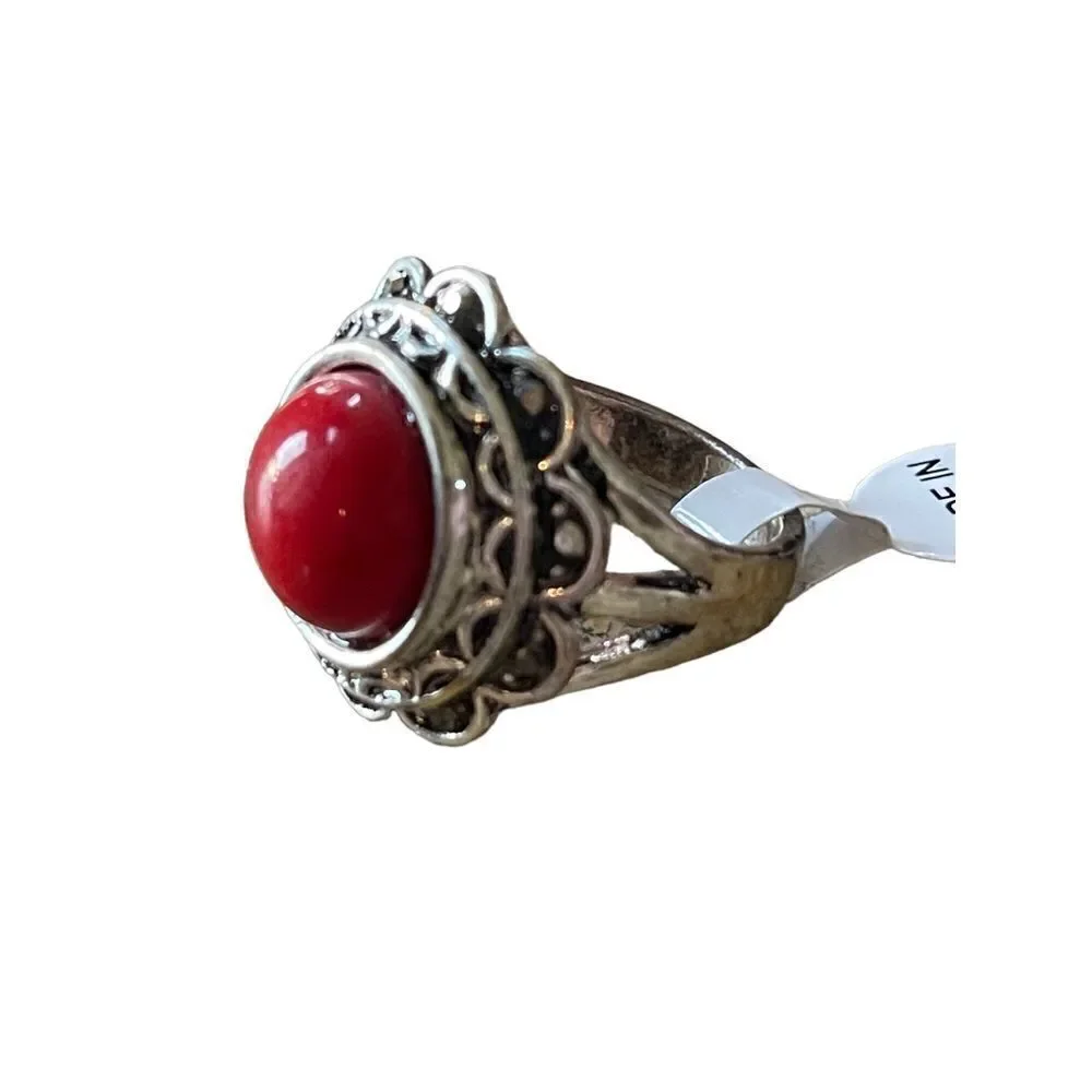 NWT silver tone marcasite like stones with red round center stone ring US size 8